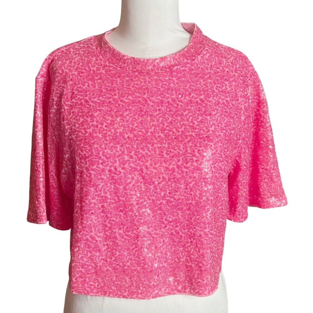 HM Womens Pink Sequin Crop Top Short Sleeve Crew Neck Party Shirt Size Medium